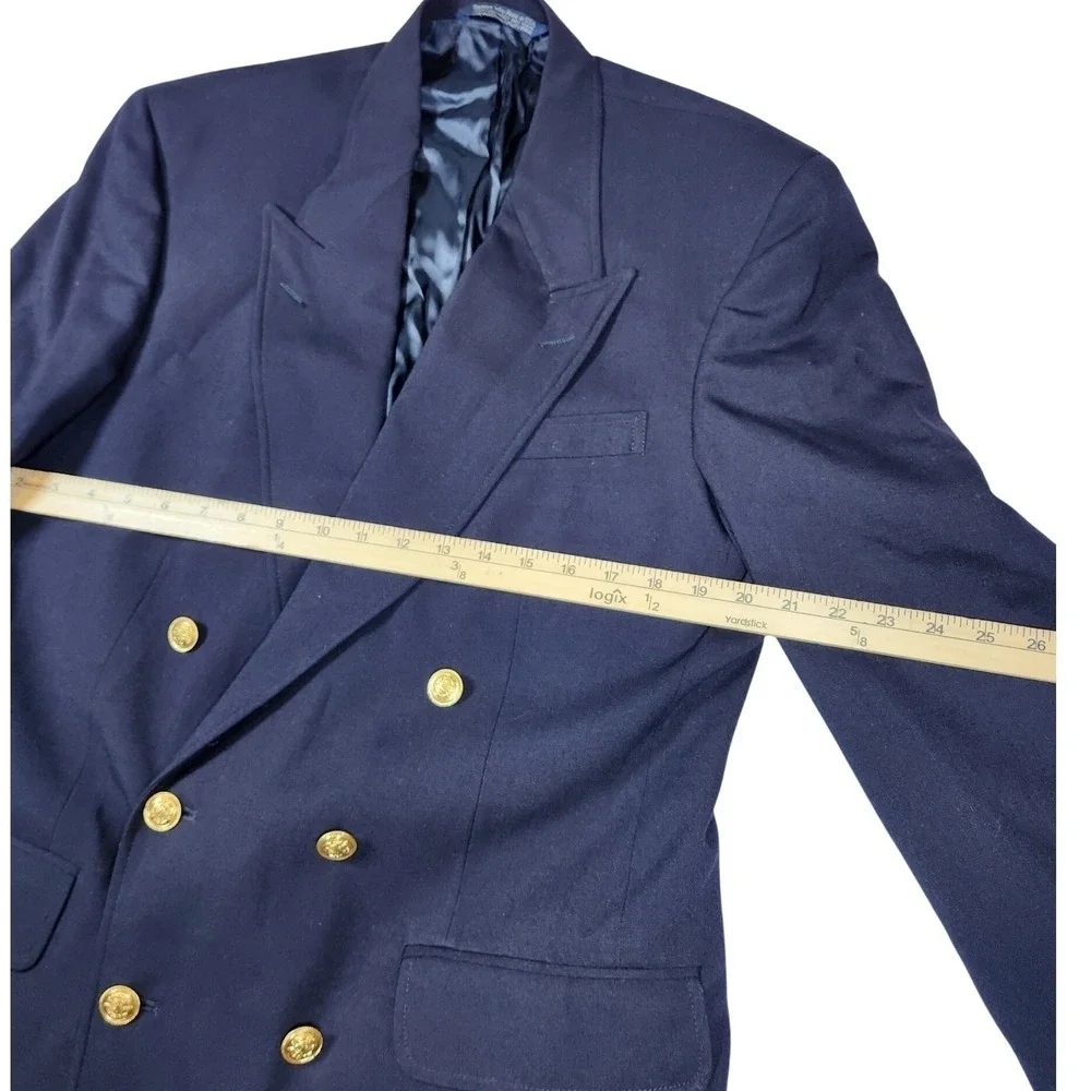 Vintage 90s Lands End 40L Navy Wool Double Breasted Blazer‎ Gold Crest Buttons